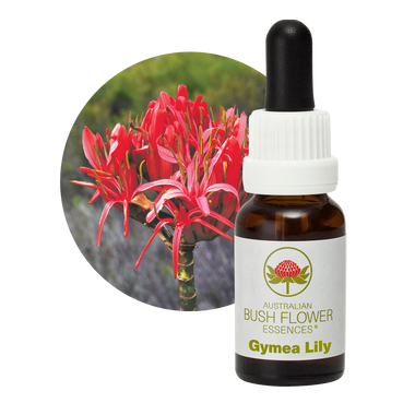 Gymea Lily Essence bottle and flowers. Designed for individuals with intense, extroverted personalities, this remedy addresses arrogance, bringing about humility and strength. Ideal for those seeking to balance their charismatic, demanding nature and reach new heights.